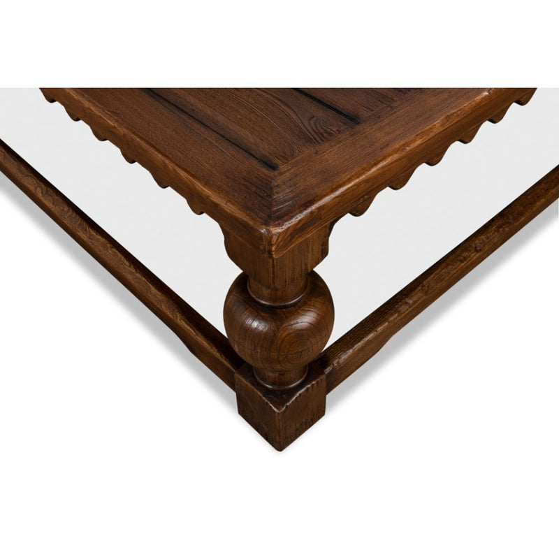 square coffee table baluster legs scalloped apron large dark brown finish wood