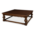 square coffee table baluster legs scalloped apron large dark brown finish wood