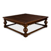square coffee table baluster legs scalloped apron large dark brown finish wood