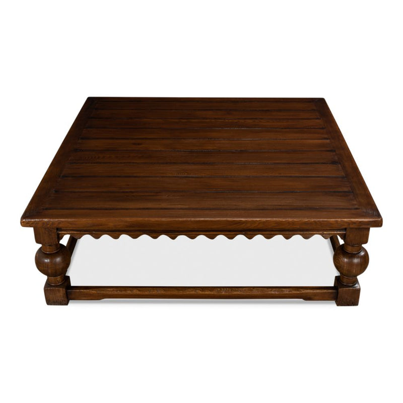 square coffee table baluster legs scalloped apron large dark brown finish wood
