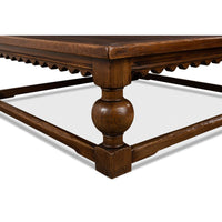 square coffee table baluster legs scalloped apron large dark brown finish wood