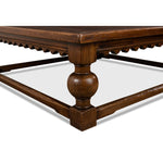 square coffee table baluster legs scalloped apron large dark brown finish wood