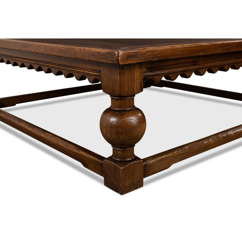 square coffee table baluster legs scalloped apron large dark brown finish wood