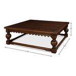 square coffee table baluster legs scalloped apron large dark brown finish wood