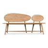 tan contemporary wood bench splayed legs two oval backs
