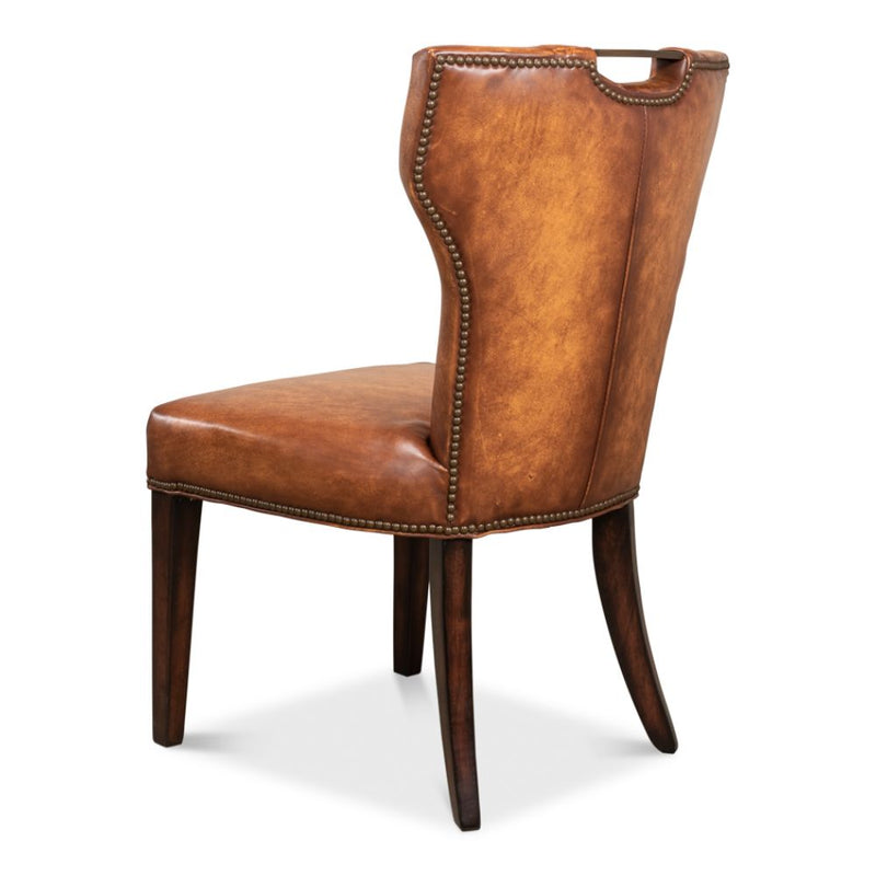 traditional mottled tan upholstered leather dining side chair nail heads wood legs