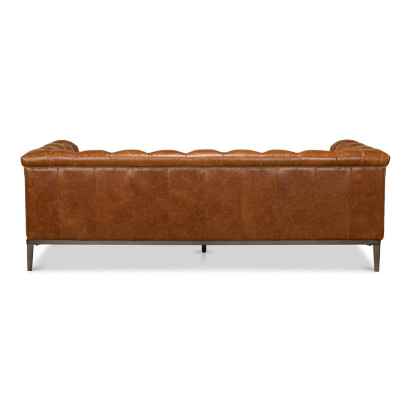 brown leather sofa diamond tufting metal base legs