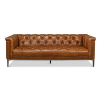 brown leather sofa diamond tufting metal base legs
