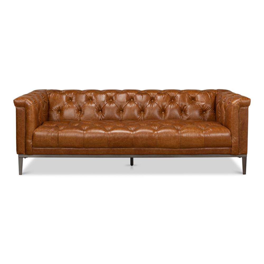 brown leather sofa diamond tufting metal base legs