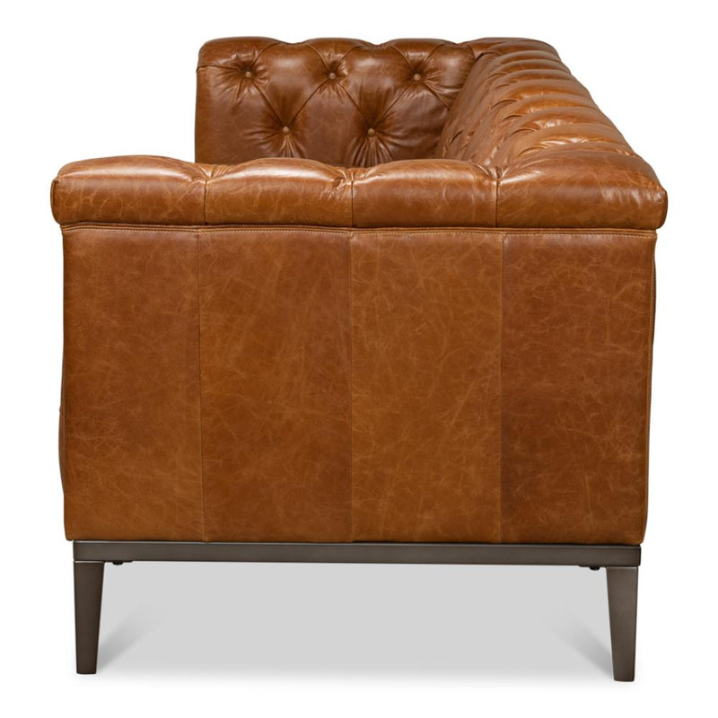 brown leather sofa diamond tufting metal base legs