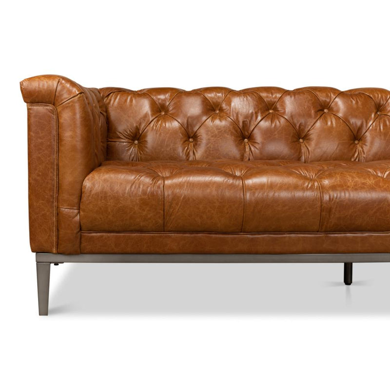 brown leather sofa diamond tufting metal base legs