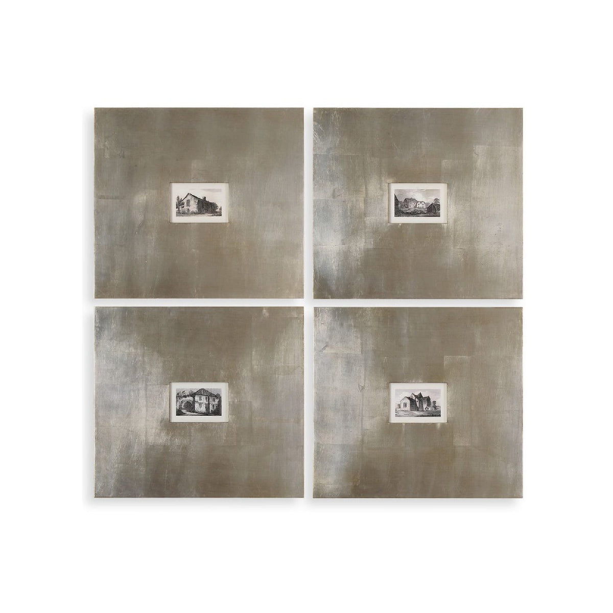Four black and white photographs of houses on metallic silver square frames.