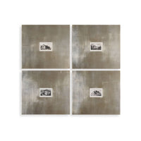 Four black and white photographs of houses on metallic silver square frames.