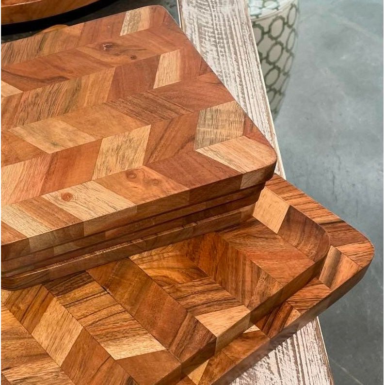 natural acacia wood serving boards set chevron pattern
