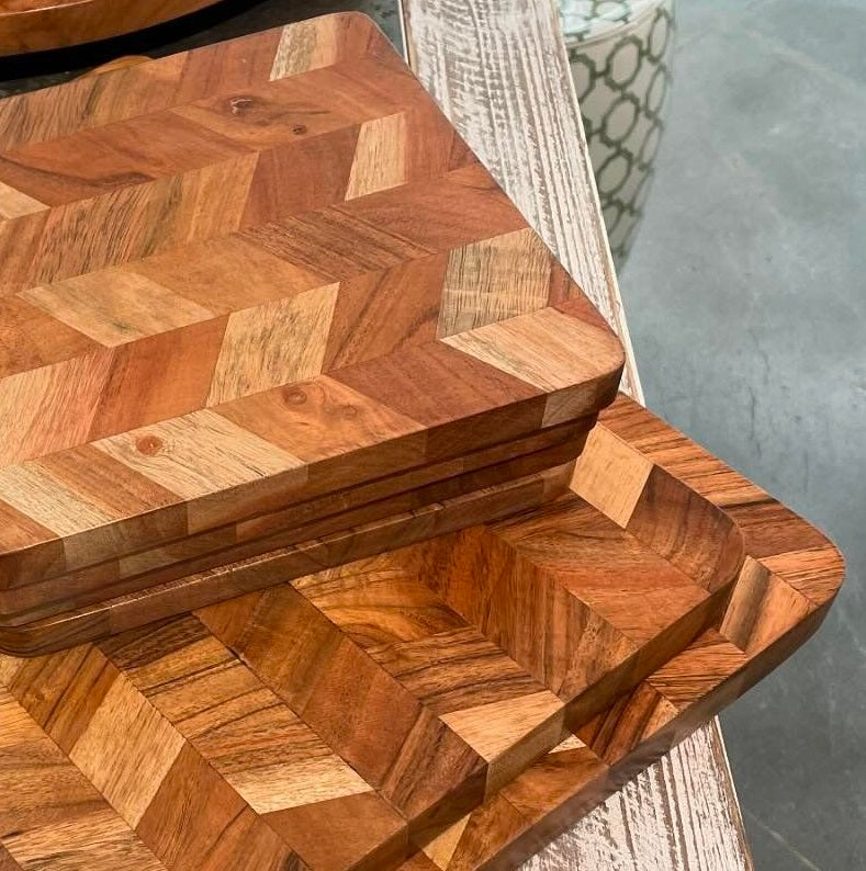 natural acacia wood serving boards set chevron pattern