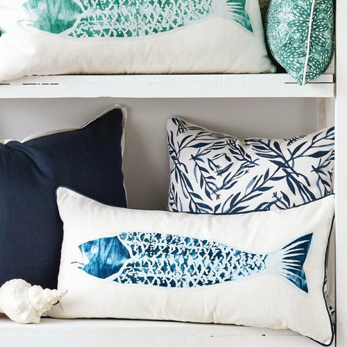 fish lumbar pillow cream navy piped edge