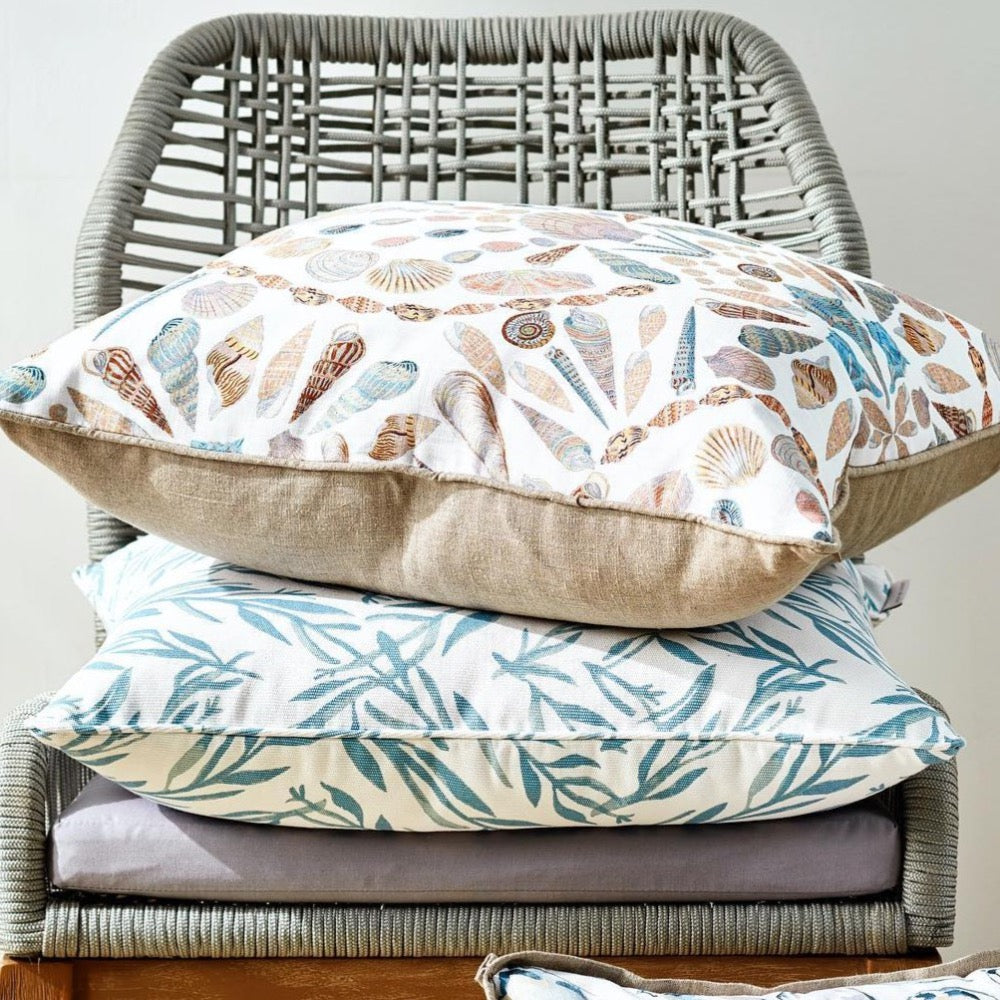 shell pillow coastal tan blue white
