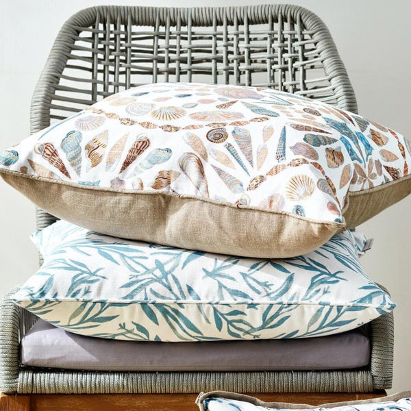 shell pillow coastal tan blue white