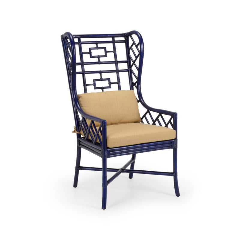 rattan fabric asian inspired armchair blue tan cushion