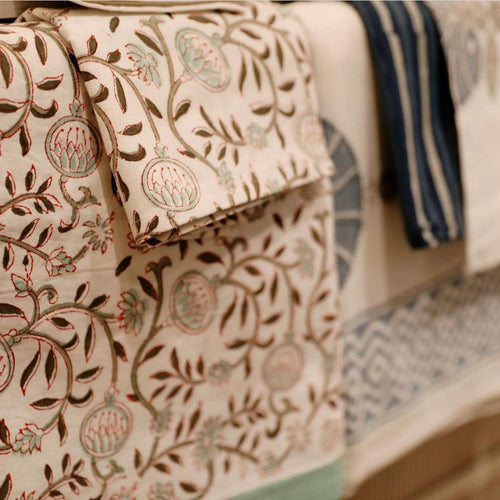 Close-up of patterned fabric with floral and geometric designs.