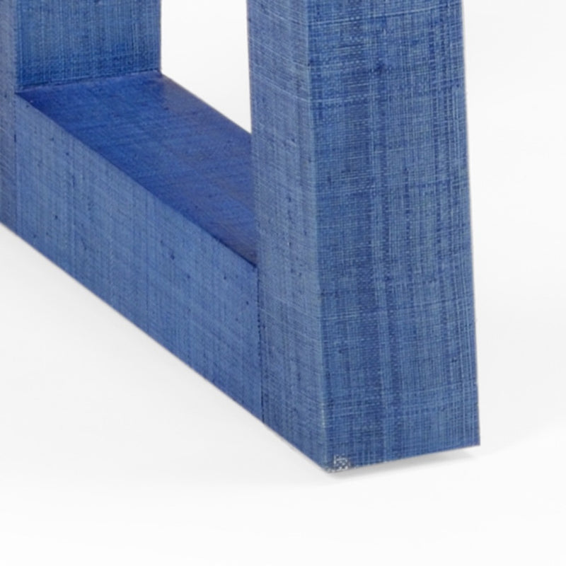 blue raffia console table wood glass top 