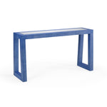 blue raffia console table wood glass top 