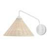 white swing-arm wall sconce bleached rattan shade