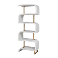 The Uttermost Bia White Etagere features antique brass posts and staggered curved shelves in an S-shaped design.