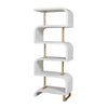 The Uttermost Bia White Etagere features antique brass posts and staggered curved shelves in an S-shaped design.