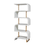 The Uttermost Bia White Etagere features antique brass posts and staggered curved shelves in an S-shaped design.