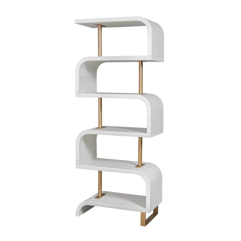 The Uttermost Bia White Etagere features antique brass posts and staggered curved shelves in an S-shaped design.