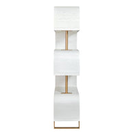 The Uttermost Bia White Etagere features three stacked white shades, antique brass posts, and a gold metal frame.