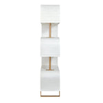 The Uttermost Bia White Etagere features three stacked white shades, antique brass posts, and a gold metal frame.