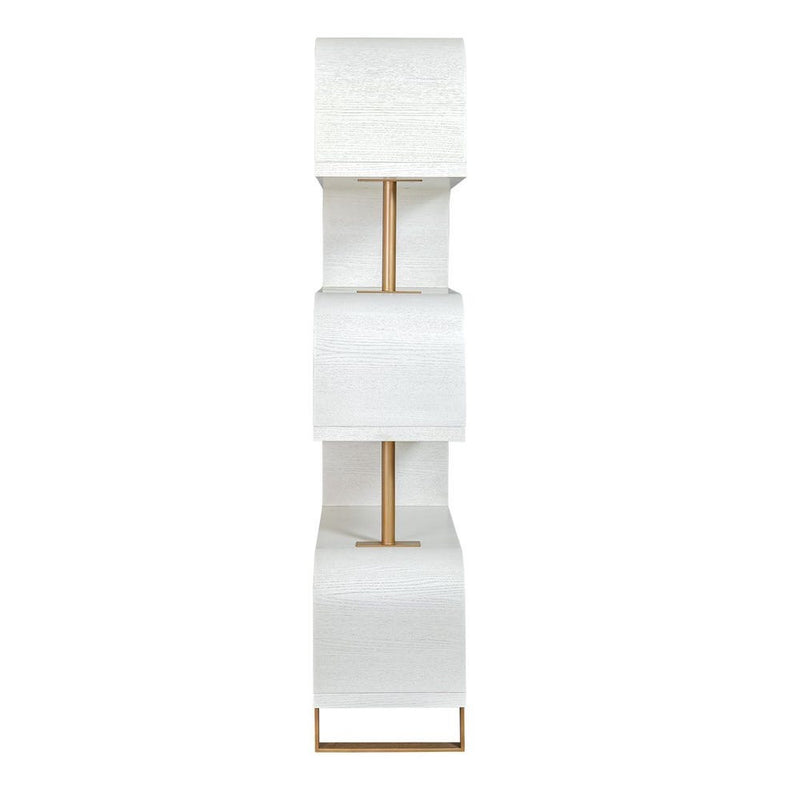 The Uttermost Bia White Etagere features three stacked white shades, antique brass posts, and a gold metal frame.