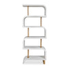 The Bia White Etagere by Uttermost features curved shelves and antique brass posts, shown against a plain backdrop.