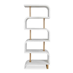 The Bia White Etagere by Uttermost features curved shelves and antique brass posts, shown against a plain backdrop.