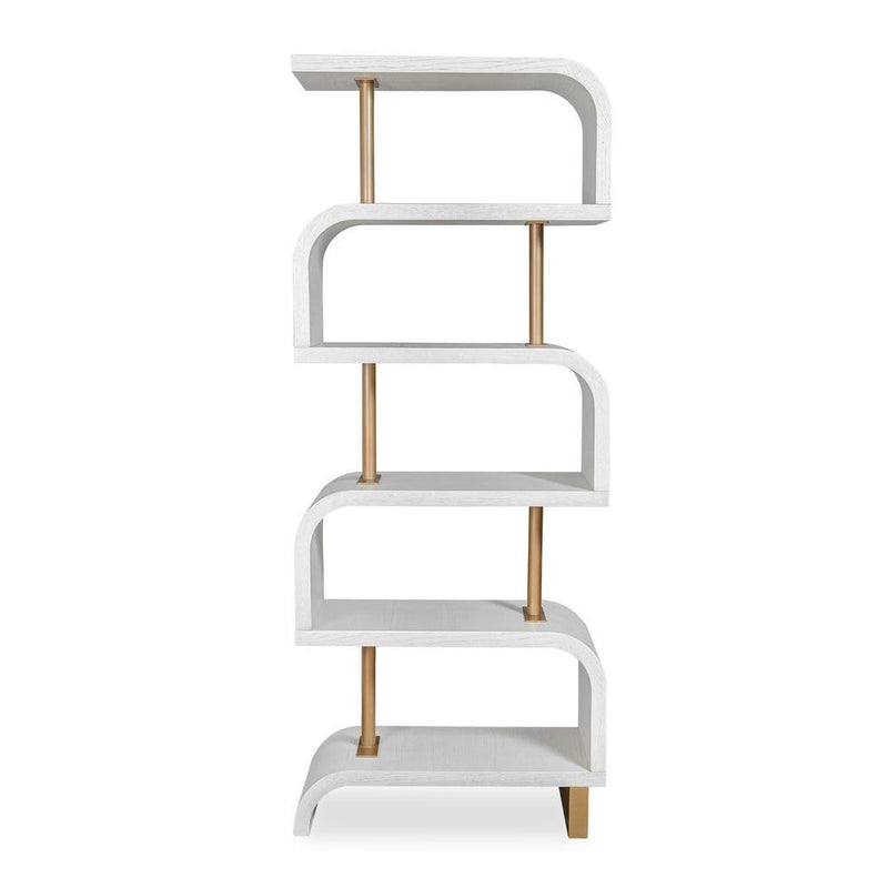 The Bia White Etagere by Uttermost features curved shelves and antique brass posts, shown against a plain backdrop.