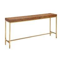 A modern console table featuring a rectangular wood top with a prominent burl wood grain pattern and a slim, polished gold metal frame.