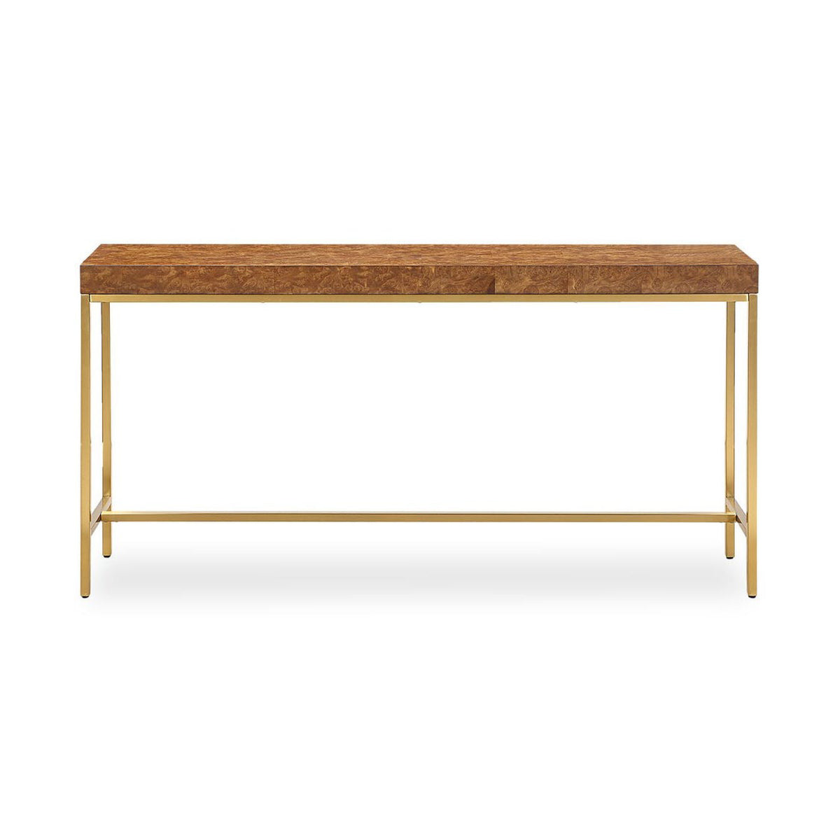 A modern console table featuring a rectangular wood top with a visible burl wood grain pattern, supported by a slim gold-finished metal frame with a lower support rail.