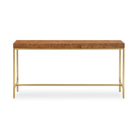 A modern console table featuring a rectangular wood top with a visible burl wood grain pattern, supported by a slim gold-finished metal frame with a lower support rail.