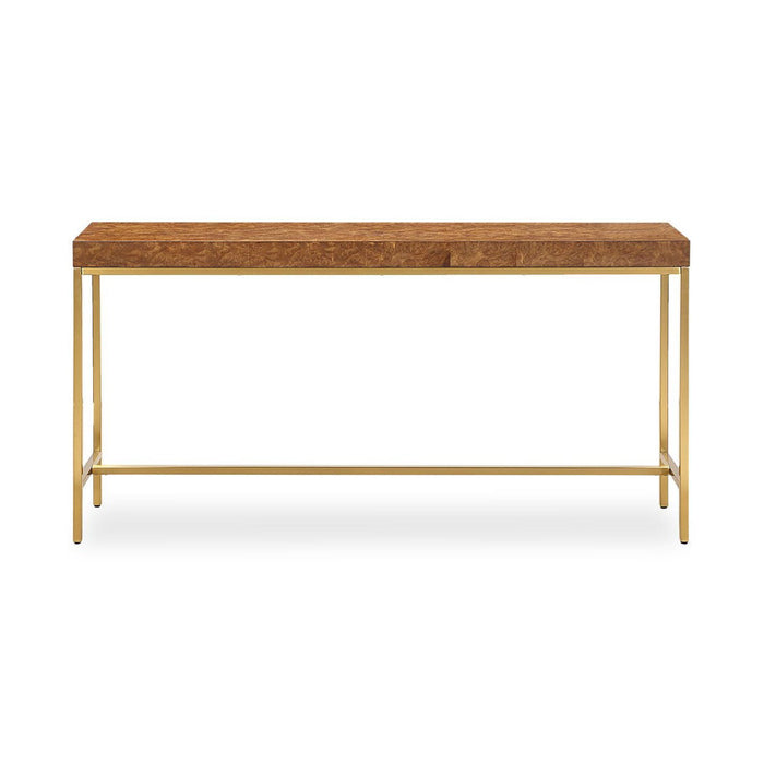 A modern console table featuring a rectangular wood top with a visible burl wood grain pattern, supported by a slim gold-finished metal frame with a lower support rail.