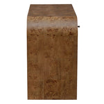 Side view of the Uttermost Rocco Desk featuring a smooth rectangular design and natural mappa burl wood finish.
