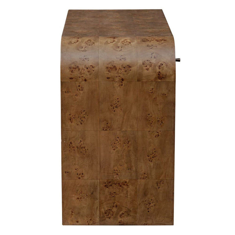 Side view of the Uttermost Rocco Desk featuring a smooth rectangular design and natural mappa burl wood finish.