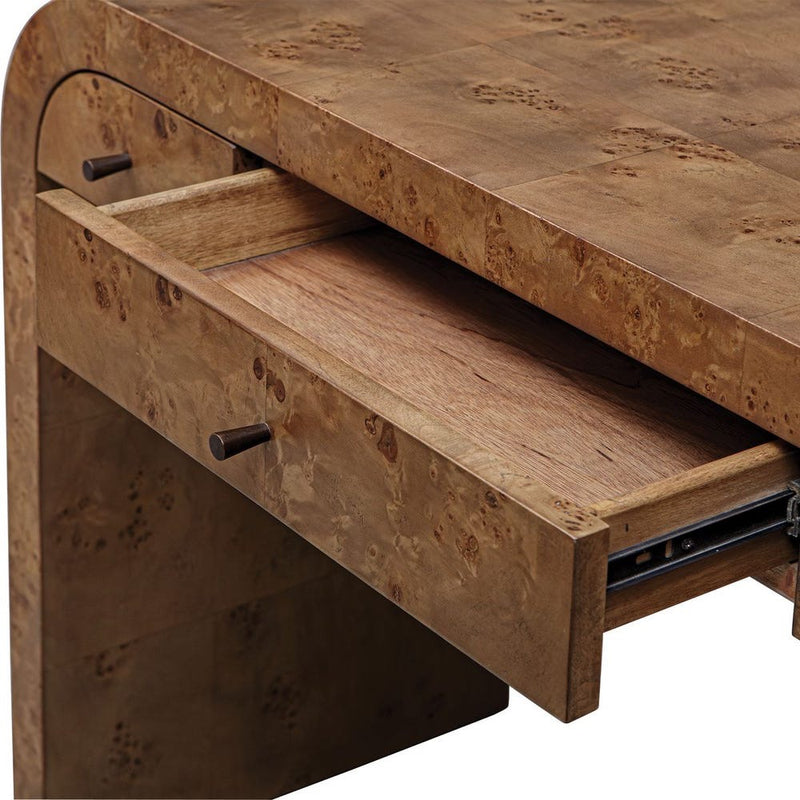 Uttermost Rocco Desk with open drawer reveals wood grain and mappa burl veneer—ideal for workspace storage.