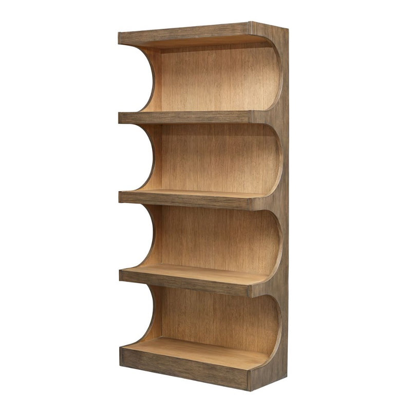 The Osrick Etagere by Uttermost features four shelves, rounded edges, and a natural finish, shown at an angle.