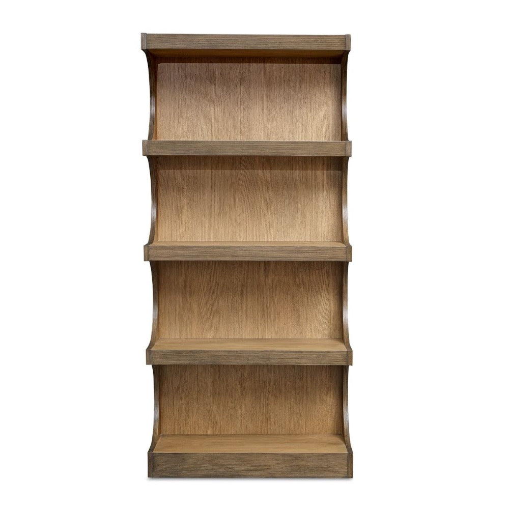The Uttermost Osrick Etagere features four shelves and curved side panels for modern elegance against a white background.