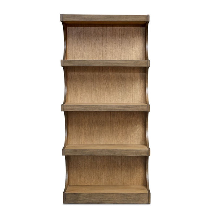 The Uttermost Osrick Etagere features four shelves and curved side panels for modern elegance against a white background.