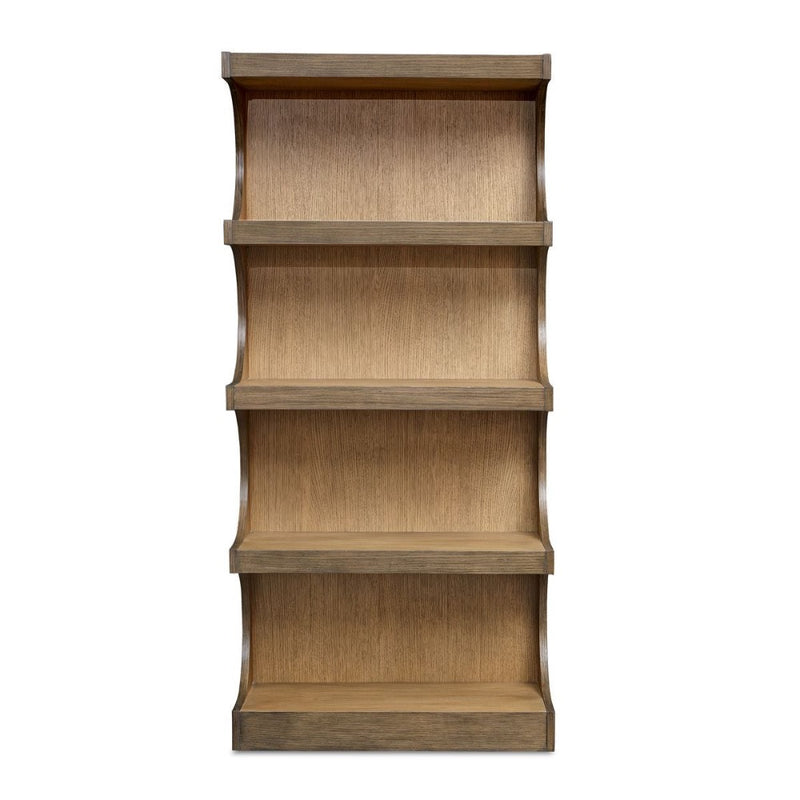 The Uttermost Osrick Etagere features four shelves and curved side panels for modern elegance against a white background.
