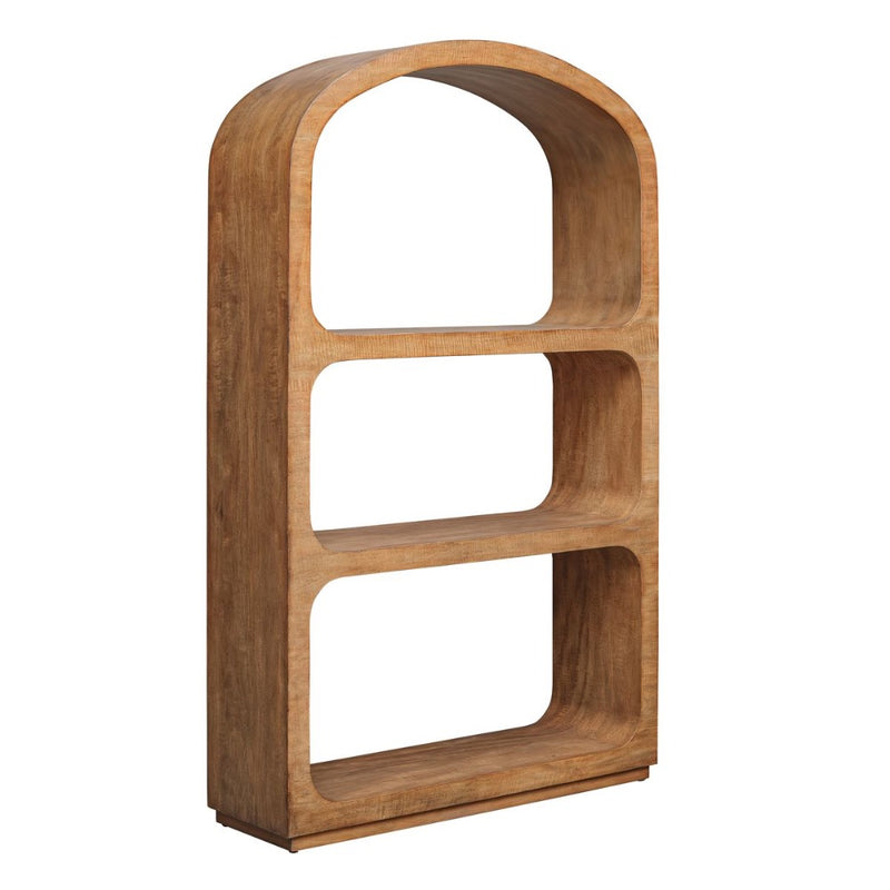 The Achley Etagere by Uttermost features three open shelves, an arched frame, and rounded edges in a mango veneer.