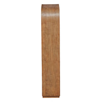 Side view of the Achley Etagere by Uttermost, a tall wooden cabinet with curved top and elegant mango veneer.